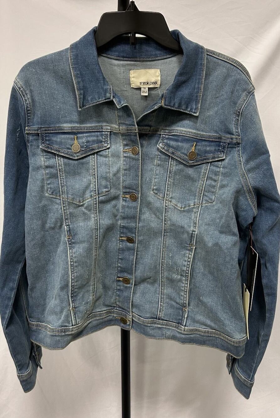 NEW Sneak Peek Women's Blue Long Sleeve Button Up Trucker Denim Jacket Size 1X